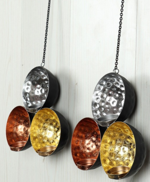 Set of 2 Black Gold Hanging Tealight Holders for Diwali 2025 | Metal Textured Indian Pooja Living Decor